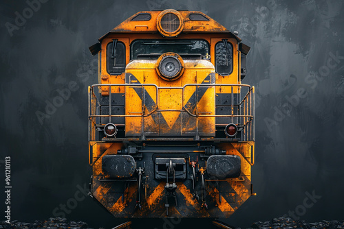 Front view of yellow and black locomotive on dark gray background photo