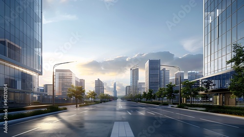 Asphalt road and modern city buildings under blue sky