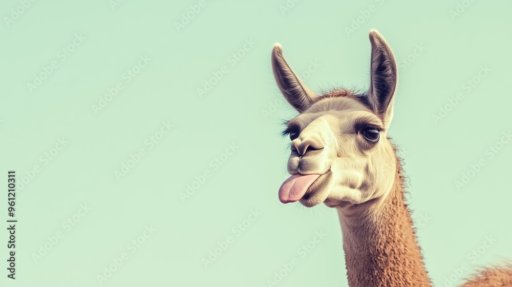 Obraz premium Playful llama sticks its tongue out against a vibrant green background, adding charm to this close-up portrait. Enjoy the whimsical charm of this cute mammal in nature