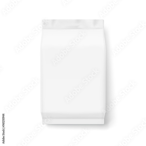 Realistic vertical flow pack mockup. Front view. Vector illustration isolated on white background. Can be use for your design, promo, adv and etc. EPS10.	