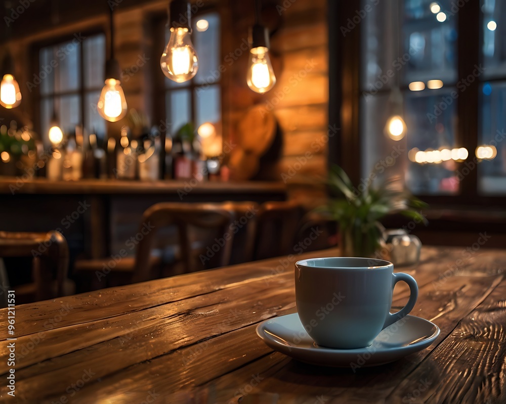 Wooden table on an old bar winter evening with view of snow from windows, lights on and the bar gifts warm environment to customers Wooden table on an old bar winter evening with view of snow from windows, lights on and the bar gifts warm environment to customers