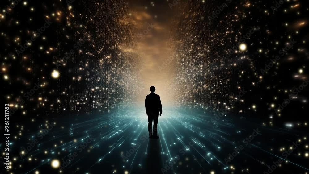 The Silhouette of a Businessman Standing in a Digital Corridor With Flowing Particles of Light The Silhouette of a Businessman Standing in a Digital Corridor With Flowing Particles of Light