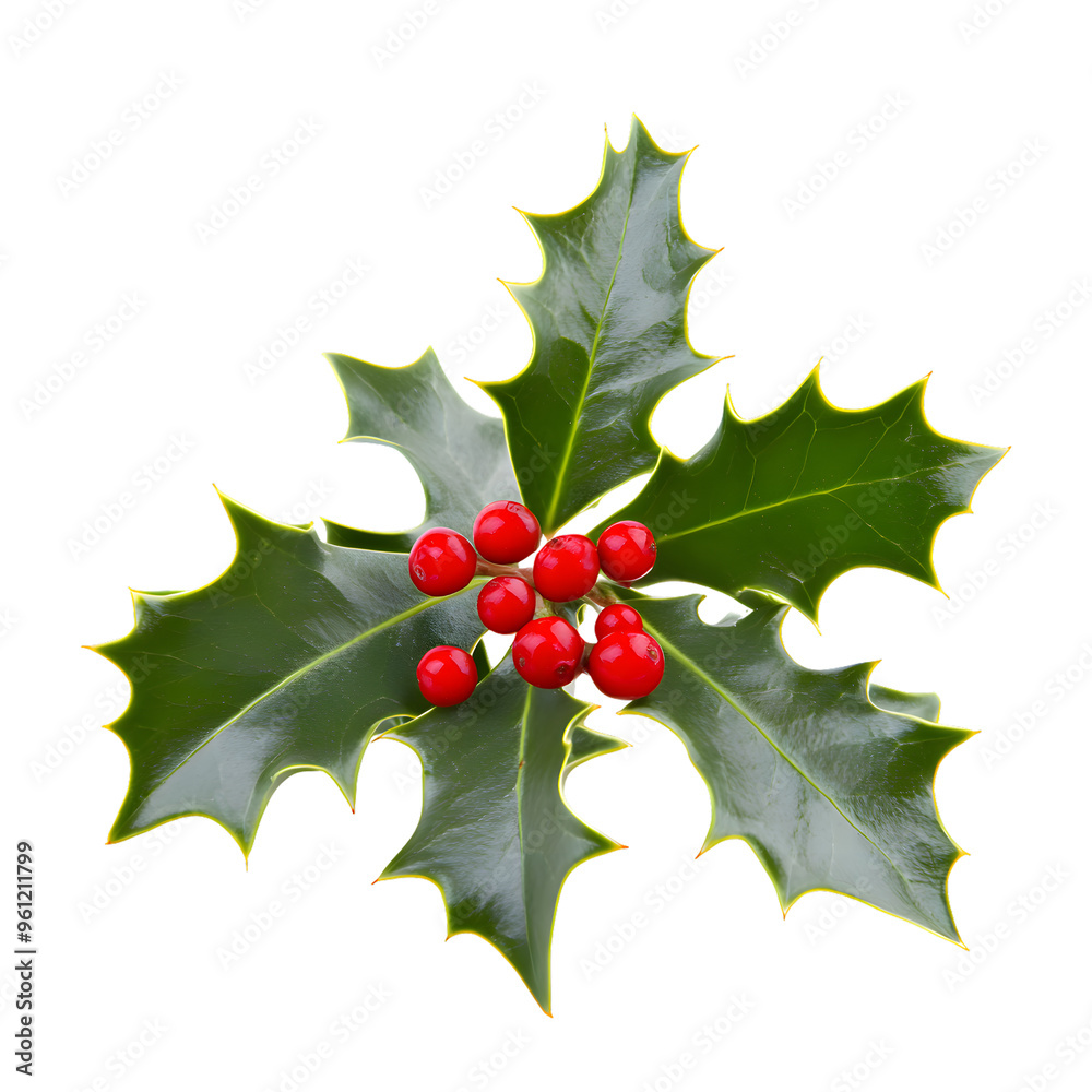 Naklejka premium Green holly leaves with red berries for Christmas decoration isolated on transparent background