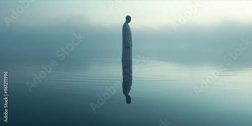 Solitary Figure Standing in Misty Overwater Scene at Dawn photo