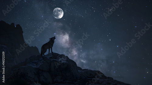 Lone Wolf Howling Under the Luminous Moonlight Against Starry Night Sky