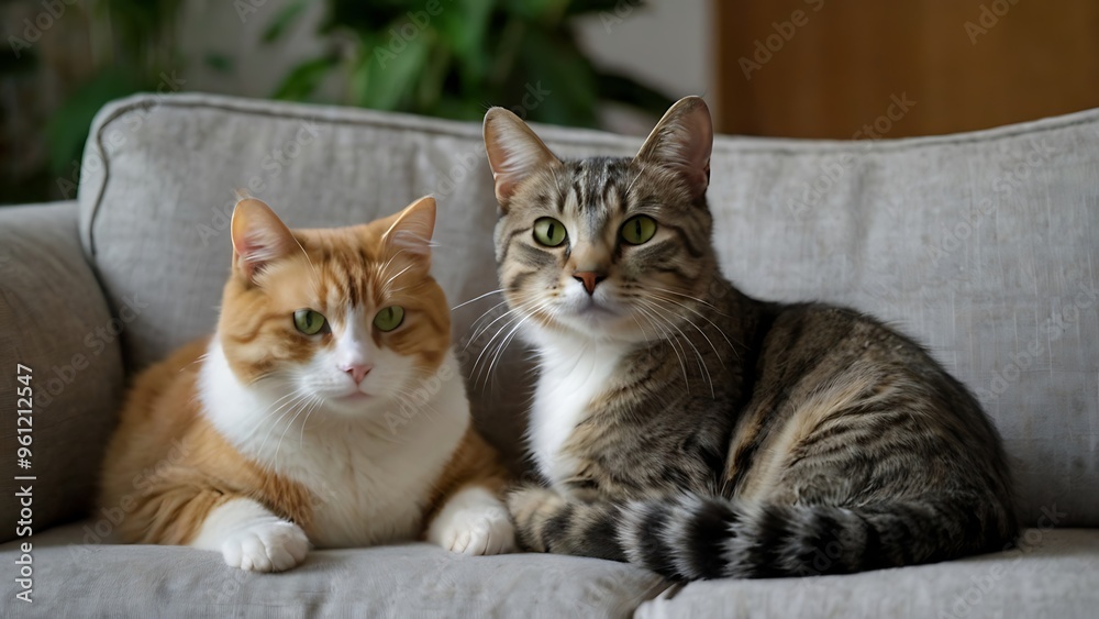 Obraz premium Two cute cats looking to camera while lying on sofa and chilling