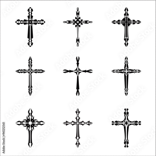 Christian cross vector icon symbols.  Abstract christian religious belief or faith art illustration for orthodox or catholic design. The symbol of the cross in various designs used in tattoo.