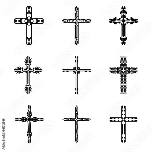 Christian cross vector icon symbols.  Abstract christian religious belief or faith art illustration for orthodox or catholic design. The symbol of the cross in various designs used in tattoo.