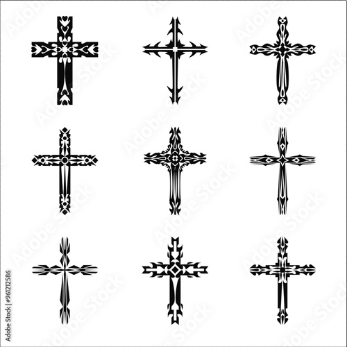 Christian cross vector icon symbols.  Abstract christian religious belief or faith art illustration for orthodox or catholic design. The symbol of the cross in various designs used in tattoo.