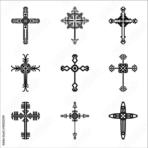 Christian cross vector icon symbols.  Abstract christian religious belief or faith art illustration for orthodox or catholic design. The symbol of the cross in various designs used in tattoo.