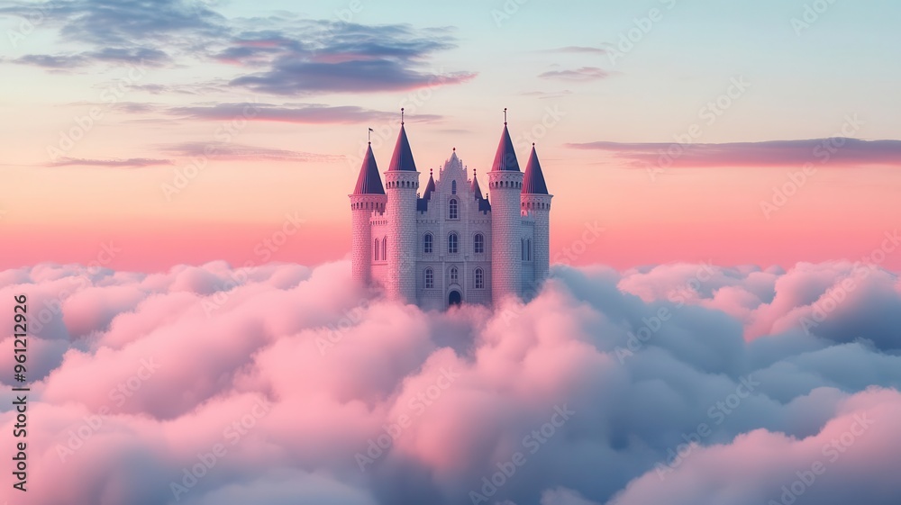 A stunning castle rises majestically above fluffy clouds at sunset, creating a dreamy and magical atmosphere. A stunning castle rises majestically above fluffy clouds at sunset, creating a dreamy and magical atmosphere.