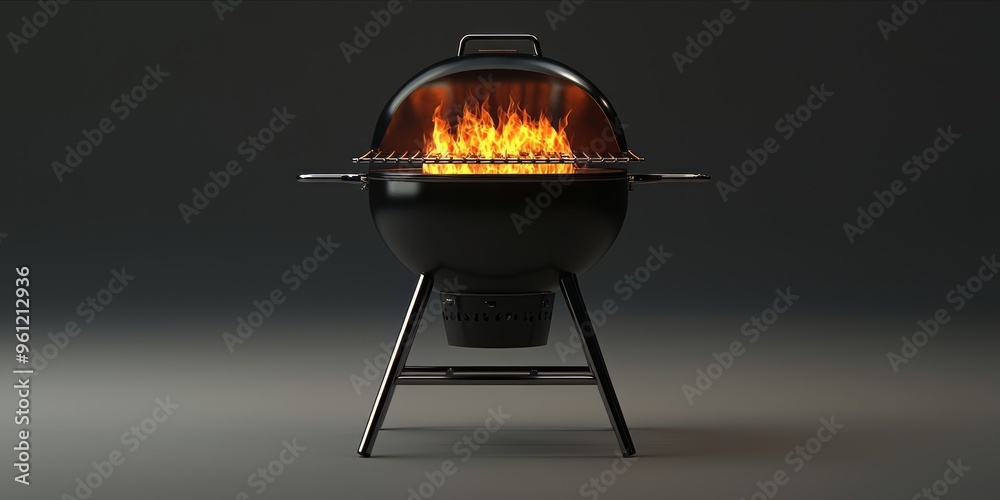 Modern Black Charcoal BBQ Grill with Flames on a Dark Background Modern Black Charcoal BBQ Grill with Flames on a Dark Background