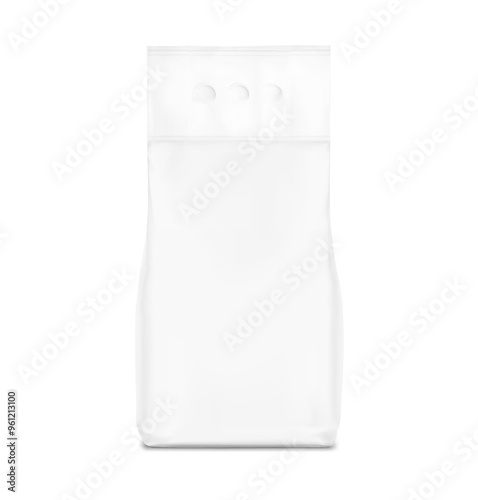 Realistic stand bag with hole handle mockup for chemical products, cat litter, pet food. Front view. Vector illustration isolated on white background. Can be use for template your design. EPS10.