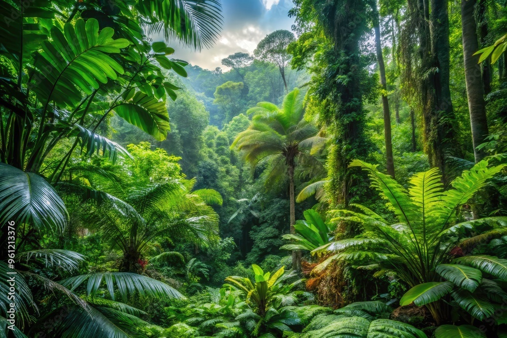 Lush, Verdant Rainforest Undergrowth Teems With Tropical Plants, Towering Trees, And Vibrant Foliage, Creating A Dense, Thriving Ecosystem. Lush, Verdant Rainforest Undergrowth Teems With Tropical Plants, Towering Trees, And Vibrant Foliage, Creating A Dense, Thriving Ecosystem.