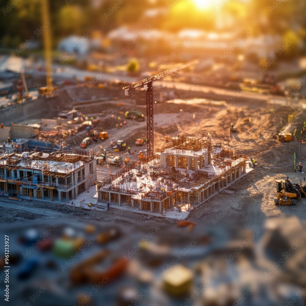 Construction Site at Sunset: A panoramic view of a bustling construction site at sunset, showcasing the dynamic energy and progress of urban development. The image captures the intricate details of cr