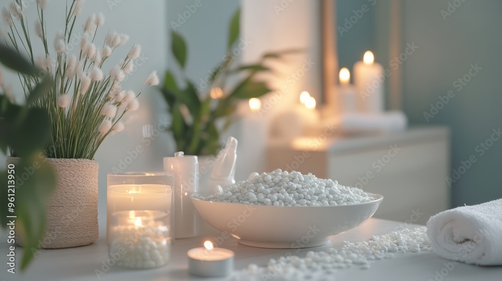 Spa Relaxation with Candles White Stones and Towel Spa Relaxation with Candles White Stones and Towel