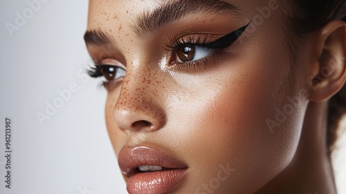 Close-up of a Woman's Eye with Dramatic Eyeliner and Freckles