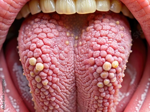 Macro close-up of a human tongue's intricate anatomy, showcasing tiny taste buds, papillae, and fungal-like projections on its rough, pink surface. photo