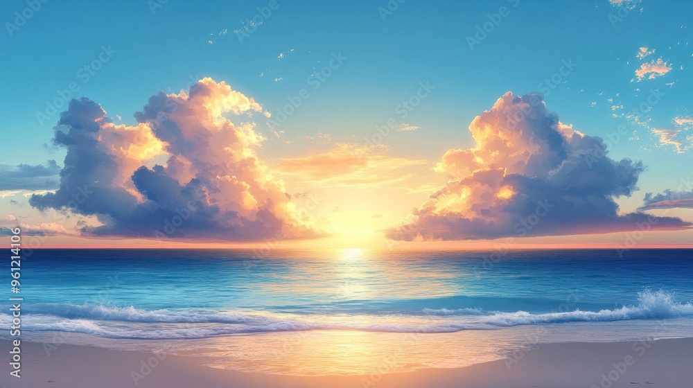 Fototapeta premium Sky Blue,Cloud Background,Horizon Spring Clear Sky in Morning by the beach,Vector beautiful landscape nature sunrise in Summer,Backdrop panoramic banner white clouds over blue ocean,Sunset landscape