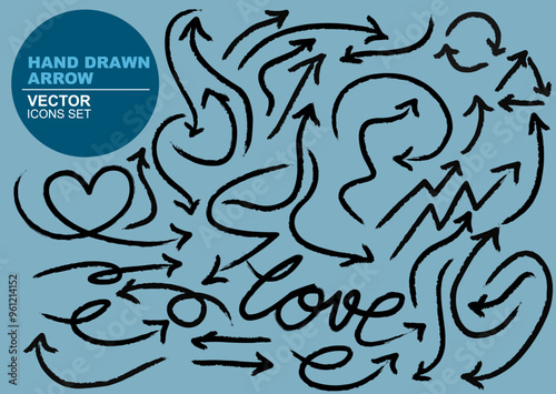 Hand-drawn arrow vector icons design element vector illustration. Sketch arrow design for business plan and education—set of arrows with black icons. 