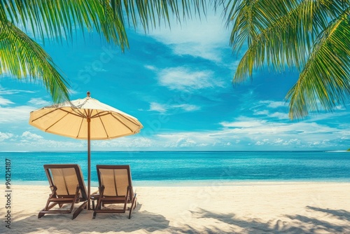 Beautiful panoramic sea sand sky. Tropical relax beach sunny summer island landscape. Love couple chairs umbrella palm leaves romantic coast. Luxury travel destination. Honeymoon vacation best, ai