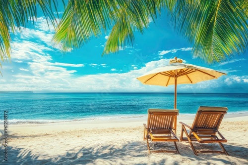 Wallpaper Mural Beautiful panoramic sea sand sky. Tropical relax beach sunny summer island landscape. Love couple chairs umbrella palm leaves romantic coast. Luxury travel destination. Honeymoon vacation best , ai Torontodigital.ca