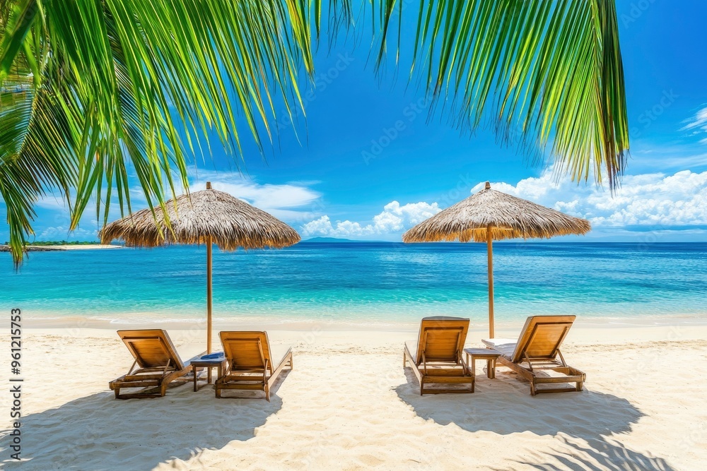 Beautiful panoramic sea sand sky. Tropical relax beach sunny summer island landscape. Love couple chairs umbrella palm leaves romantic coast. Luxury travel destination. Honeymoon vacation best , ai Beautiful panoramic sea sand sky. Tropical relax beach sunny summer island landscape. Love couple chairs umbrella palm leaves romantic coast. Luxury travel destination. Honeymoon vacation best , ai