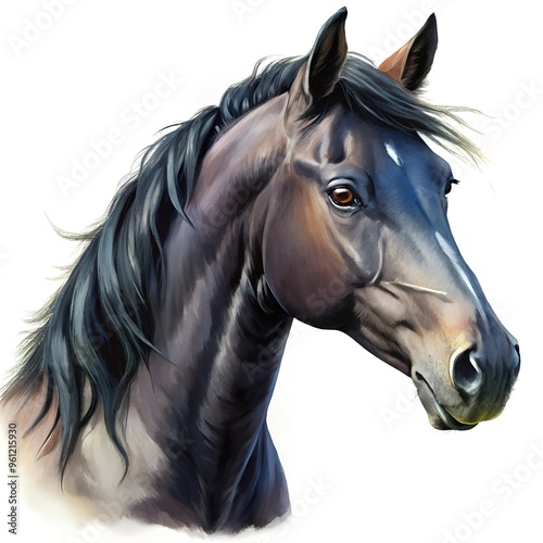 Black horse portrait watercolor illustration isolated on white background