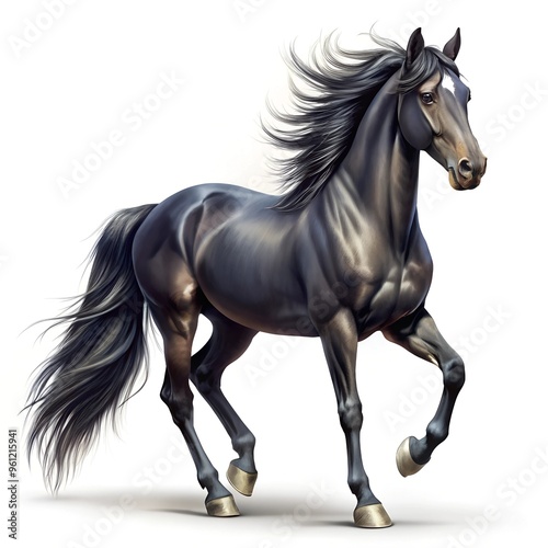 A black horse walking realistic illustration isolated on white background