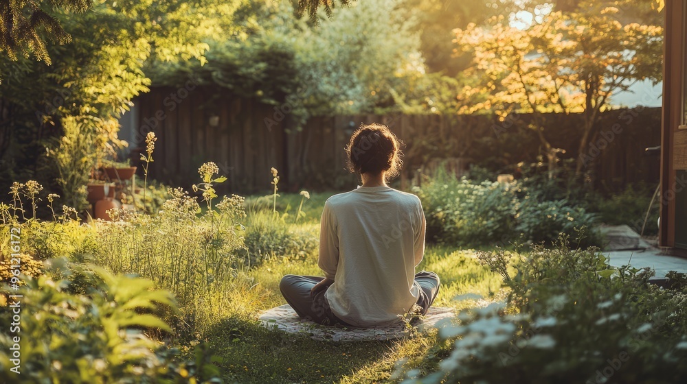 Woman meditating in a lush garden with sunlight Woman meditating in a lush garden with sunlight