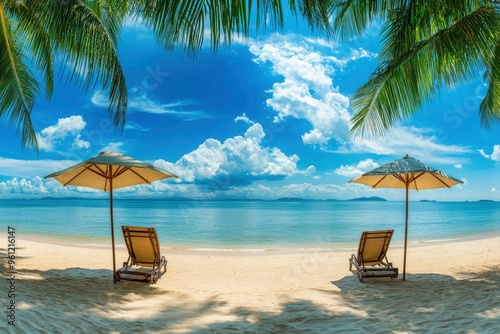 Beautiful panoramic sea sand sky. Tropical relax beach sunny summer island landscape. Love couple chairs umbrella palm leaves romantic coast. Luxury travel destination. Honeymoon vacation best   ai