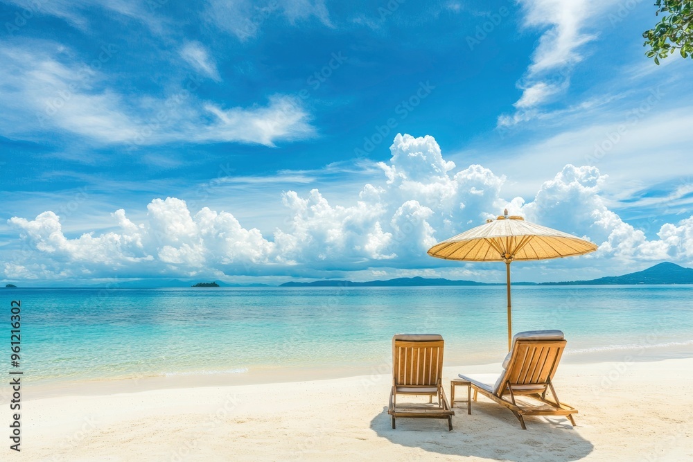 Fototapeta premium Beautiful panoramic sea sand sky. Tropical relax beach sunny summer island landscape. Love couple chairs umbrella palm leaves romantic coast. Luxury travel destination. Honeymoon vacation best , ai
