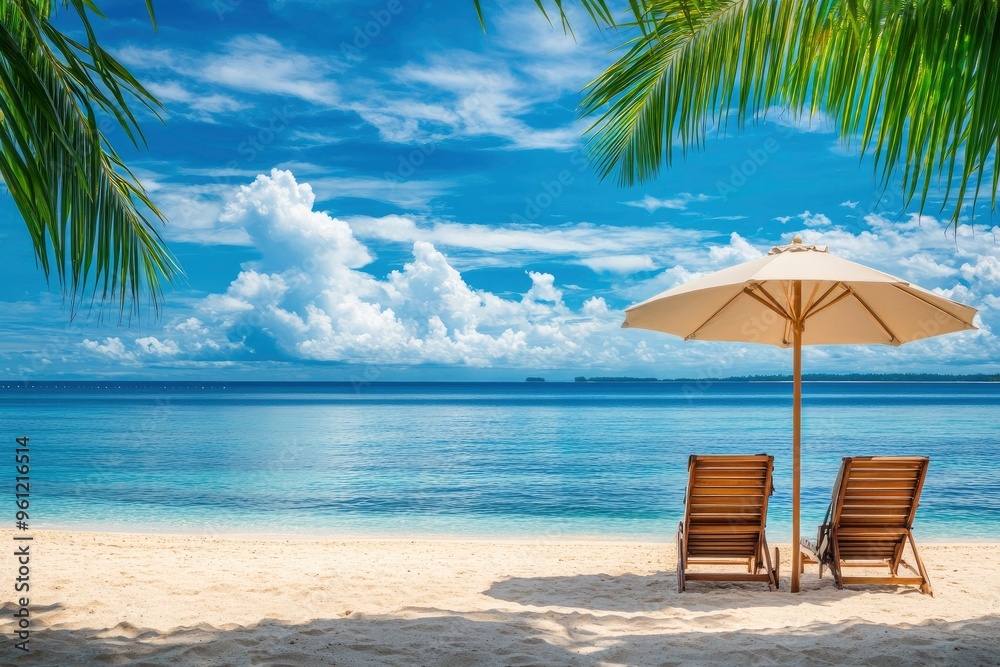 Obraz premium Beautiful panoramic sea sand sky. Tropical relax beach sunny summer island landscape. Love couple chairs umbrella palm leaves romantic coast. Luxury travel destination. Honeymoon vacation best , ai