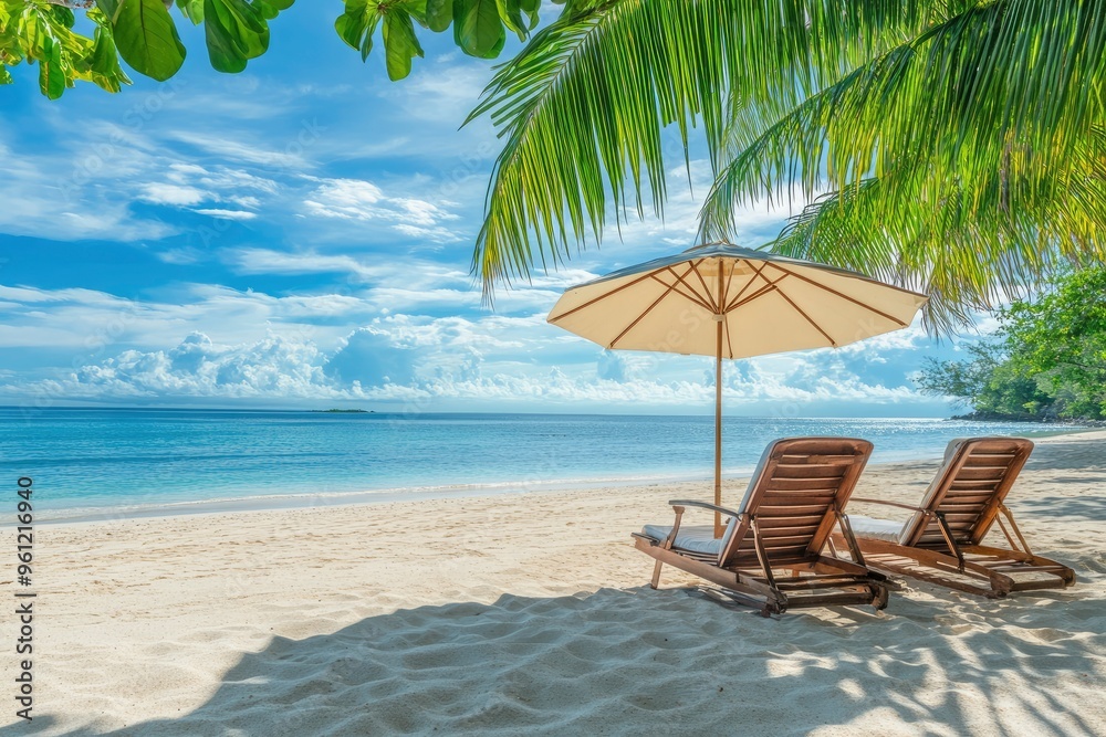 Obraz premium Beautiful panoramic sea sand sky. Tropical relax beach sunny summer island landscape. Love couple chairs umbrella palm leaves romantic coast. Luxury travel destination. Honeymoon vacation best , ai