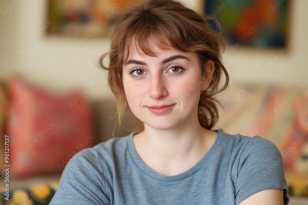 A close-up portrait of a young white woman wearing a casual t-shirt, with a blurred background. A close-up portrait of a young white woman wearing a casual t-shirt, with a blurred background.