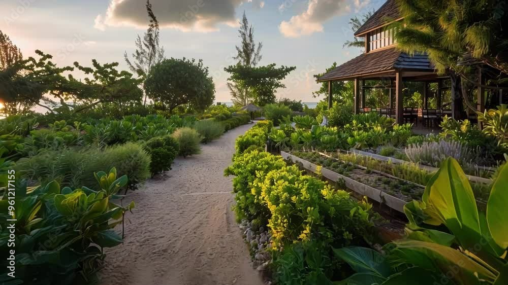 Gravel path is leading through a lush garden with a variety of plants and flowers, illuminated by the warm light of the setting sun Gravel path is leading through a lush garden with a variety of plants and flowers, illuminated by the warm light of the setting sun