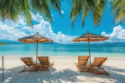 Beautiful panoramic sea sand sky. Tropical relax beach sunny summer island landscape. Love couple chairs umbrella palm leaves romantic coast. Luxury travel destination. Honeymoon vacation best , ai