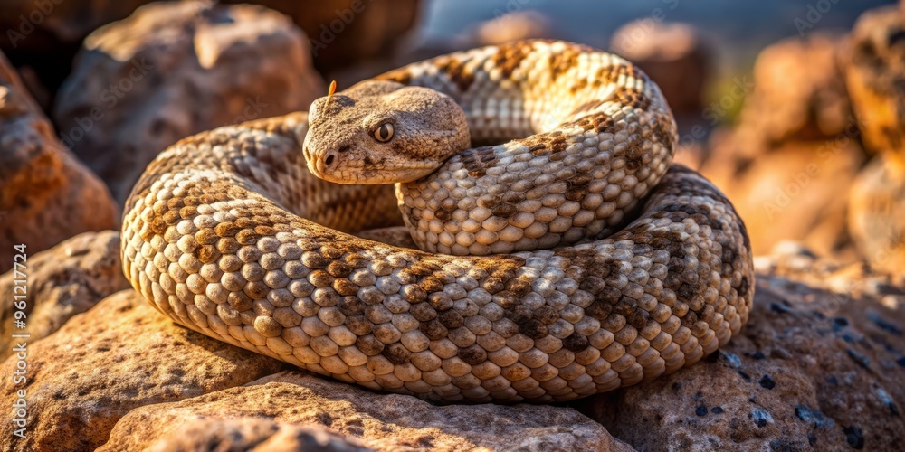 A speckled rattlesnake coiled around a sun-baked rock, its scaly body etched with intricate patterns of brown and gray speckles. A speckled rattlesnake coiled around a sun-baked rock, its scaly body etched with intricate patterns of brown and gray speckles.