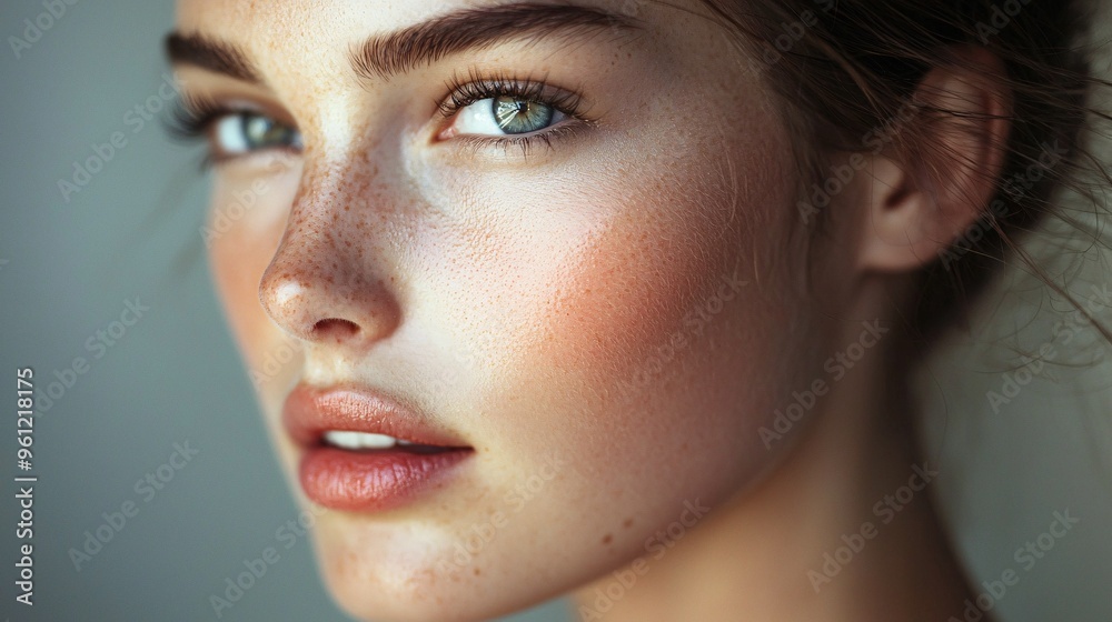 Close-up Portrait of a Young Woman with Freckles and Natural Makeup