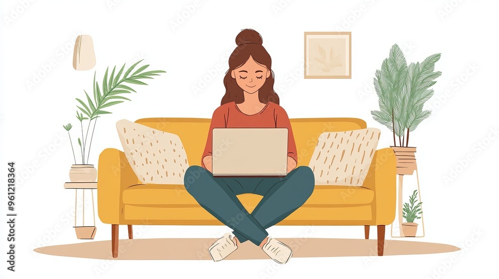 Young woman working on a laptop at home on a cozy yellow sofa