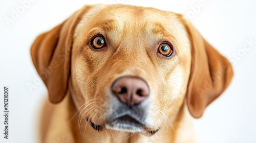 The cute dog gazed affectionately at the camera with a loyal expression. The studio shooting on a white background showcases high-quality and clear pet images, suitable for animal themed projects.