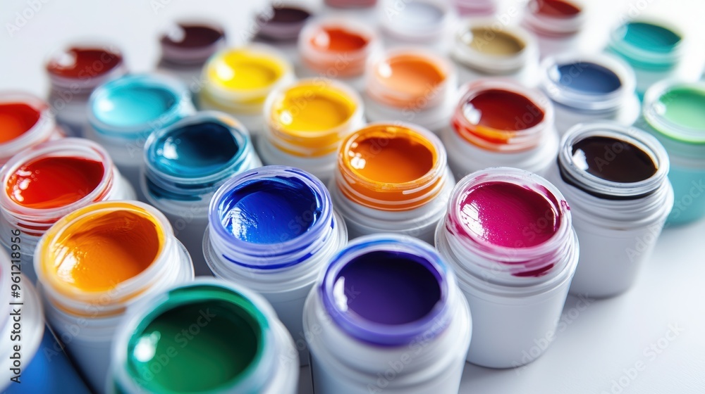 A close-up of open containers filled with vibrant, colorful paints arranged in rows, showcasing a variety of hues for artistic use. A close-up of open containers filled with vibrant, colorful paints arranged in rows, showcasing a variety of hues for artistic use.