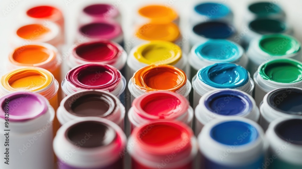 A vibrant collection of colorful paints in open jars arranged in neat rows, highlighting various shades for creative projects. A vibrant collection of colorful paints in open jars arranged in neat rows, highlighting various shades for creative projects.