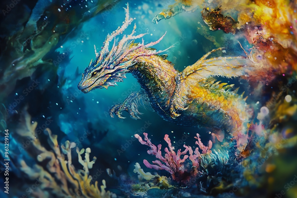 A tilted angle view of a majestic sea dragon gliding through an ethereal underwater realm A tilted angle view of a majestic sea dragon gliding through an ethereal underwater realm