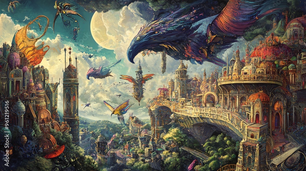 Fototapeta premium A vibrant birds-eye view of a fantastical landscape