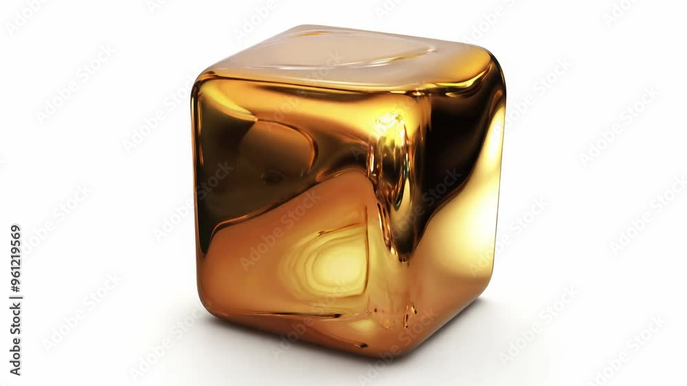 Realistic 3D animation of the abstract morphing liquid iridescent bronze cube with rounded edges rendered in UHD