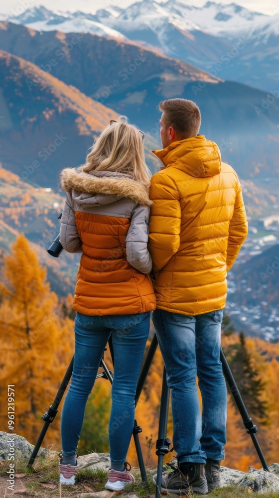 Naklejka premium Couple enjoying the view from a mountaintop. AI.