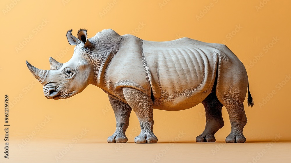 Obraz premium 3D rhino with a soft pastel background on the right, representing the strength and resilience of these zoo animals, style of