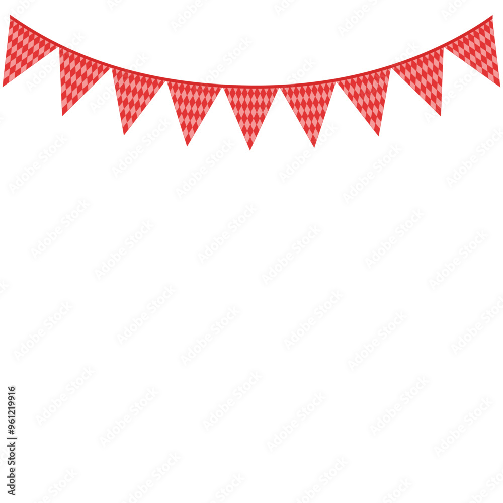 Obraz premium Triangular flags Valentine's Day and Christmas. Garland of flags on a ribbon. Flag pink with red rhombuses isolated on transparent and white background. Vector illustration. Element close-up.