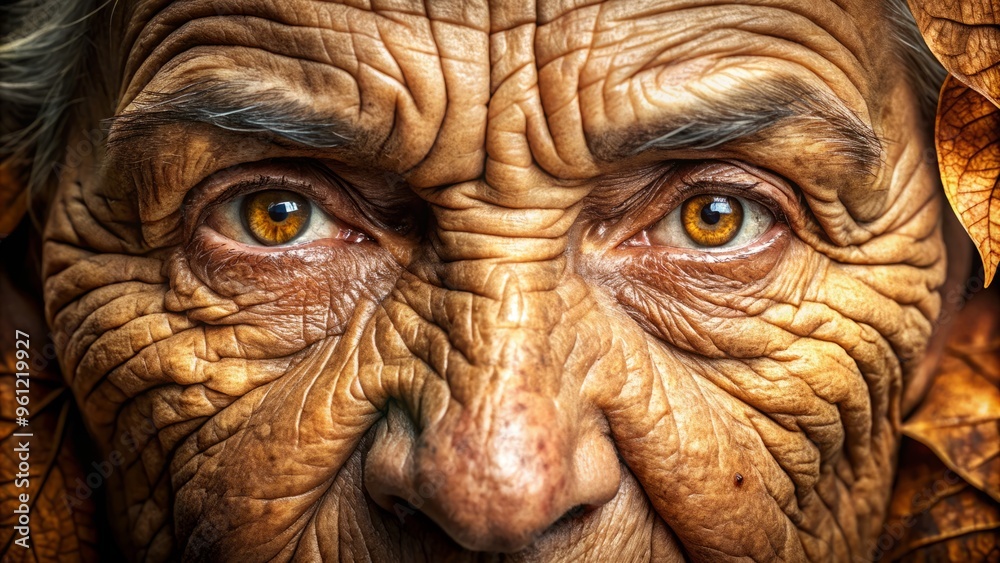 Texture of aged skin with deep wrinkles and folds, overlaid with fine lines, crinkling in the corners of eyes like dried leaf withered in autumn sun Texture of aged skin with deep wrinkles and folds, overlaid with fine lines, crinkling in the corners of eyes like dried leaf withered in autumn sun